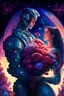 Placeholder: an android man gives a bouquet of flowers to a beautiful human woman, in 90's anime style, an android man in love and a human woman, extremely detailed painting, lots of stars, space, beautiful glowing, centered, symmetry, painted, intricate, volumetric lighting, beautiful, sharp focus, ultra detailed, in the style of dan mumford and marc simonetti, astrophotography, 8k resolution