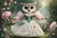 Placeholder: an anthropomorphic, owl bride happily throwing a bouquet in a beautiful garden. The owl has fluffy feather in shades of light brown and grey with distinct tabby markings on its face. Its large, expressive eyes are a deep emerald green and it has a small, pink nose. The owl is wearing embroidered white lace bride dress, tulle, gemstones, pearls, adorning the hem and bodice. Behind her, a celebrating crowd, owls and people dressed in elegant clothes, wedding food and cake on the tables. Behin