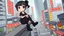 Placeholder: one cute weird emo style detalied cartoon girl with dark eyes, dark hairstyle, black jeans , black make up, and black boots. she sittings on upstairs and she no smiles, background a cartoon modern downtown city , office buildings, no Chinese subtitles on buildings, wide streets, markets, full body, digital art, detalied, illustration.