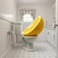 Placeholder: Photograph of a lifelike cut colossal lemon rearrainged to look like a toilet set against a wall connected to plumbing. background a white linoleum and white-walled master bathroom, sink and cabinets, window with floral curtains, towel rack, full photorealism