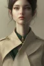 Placeholder: upper body portrait of a young girl from final fantasy live action, with short black hair and green eyes in a tan trenchcoat over a white shirt, award winning, masterpiece digital painting by greg rutkowski, alex grey, artstation, 4k wallpaper