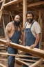 Placeholder: half figure shot photography of TWO ugly 39 year old stocky big chubby robust burly marocan carpenters close embraced, dirty,, wearing bulging overalls, shirtless, manly chest, serious, very virile, long beard, curly hair,, , in a sunny construction work area, photorealistic , photorealistic