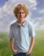 Placeholder: full length photograph of a beautiful 12 year old boy with long, blonde curly hair and light blue eyes, smiling, standing on a green hill in summer, highly detailed, smooth, photorealistic, HDR