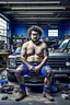 Placeholder: full figure shot photography of a short ugly hefty burly dirty chubby hairy angry man turkish 28 years old, short curly hair, shirtless, tattoo, manly chest with bulging opened short pants, hairy, angry eyes, inside a mechanical workshop under the sun sitting on the hood of a car, open legs, photorealistic, ambient occlusion, side light , frontal view from the floor