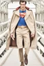 Placeholder: Superman on a winter fashion runway with moderna clothes inspired by Superman style, embroidery elegante fashion beige tones