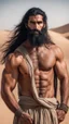 Placeholder: An Arab man in the desert, tall and strong, with long black hair and a thick beard. A long face, a large nose, a thick face, and sharp black eyes. A solid and muscular body with a strong build.