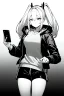 Placeholder: blonde girl with ponytails dressed in a jacket and shorts use cell phone's flashlight to get some light in the dark, greyscale