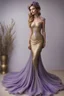 Placeholder: Stunning utopian mermaid gown with lavender and gold. Hyper realistic standing model