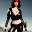 Placeholder: Christina Hendricks dressed in black leather, frank miller sin city, busty, cleavage, volumetric lighting, particales,highly detailed,cinematic, deep colours,8