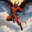 Placeholder: [art by Michael Kaluta] a fleshy-skinned male devil emerged, his presence commanding respect and fear in equal measure. Flying high above the clouds, the devil let out a thunderous roar that reverberated through the sky, his muscular form exuding a raw, primal power that sent shivers down the spines of the Winkie Guards below.