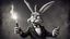 Placeholder: photorealistic deppressed dark melancholic Bugs bunny deppressed doing music rock and roll dark heavy metal on a scene alcoholic, ciggaretes ciggaretes ciggaretes