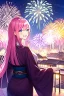 Placeholder: girl, masterpiece, best quality, cinematic lighting, detailed outfit, vibrant colors, perfect eyes, long hair, pink hair, blue eyes, kimono, fireworks, laughing, town, looking back,