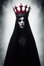 Placeholder: A dark, gothic portrait of a mysterious figure draped in a flowing black veil. The subject wears a red ornate crown adorned with small sharp spikes, giving a celestial yet eerie presence. The background is white solid, enhancing the contrast between the red fabric and the metallic crown. The lighting is dramatic, softly illuminating the veiled face while casting shadows that add to the enigmatic and religiously symbolic atmosphere. The aesthetic is reminiscent of dark baroque or gothic art