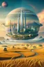 Placeholder: Prompt: A surreal landscape depicting a futuristic city with towering skyscrapers set within a giant spherical structure. In the foreground, winding roads traverse golden fields of wheat, interspersed with small houses and people walking. The background features a blend of natural and urban elements, with planets visible in the sky, creating a harmonious juxtaposition of nature and technology. The overall color palette leans towards soft pastels, evoking a dreamlike atmosphere.