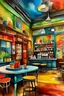 Placeholder: A watercolor painting of a coffee shop with surreal elements in vibrant colors