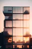 Placeholder: Minimalist vinyl facade with some transparent spaces and glass balconies with interlocking, sunset-alive biophilia.