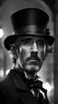 Placeholder: steampunks-style a standing figure young Jason Robards wounded face without a beard with a bowler hat dressed in elegant black in London at midnight