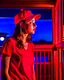 Placeholder: woman with a red baseball hat. leaning on a wooden balcony. night time. fantasy. studio lightining.