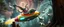 Placeholder: hairy macho gremlin octopus lizard alien couple living in a hi tech marvellous hot dog art graphics rocket with a mounted sling shot, heading for venus stone castle, background motion blur and smoke swirls, and cheeky geese through giant forest with thick tree stumps and grainy textured trees