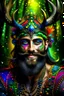 Placeholder: Handsome young smiling scruffy muscular jewel encrusted Cernunnos, symmetrical antlers, extremely long glittering beard , in a magic psychedelic rainbow forest, of sparkling glittering trees, diamonds, rubies, emeralds, sapphires, pearls, planets, signs of the zodiac, surrounded by orgiastic dwarfs, a gothic temple background , in the style of Frank Frazetta