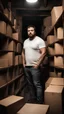 Placeholder: photography of a shy burly chubby muscular 28 year old sicilian man with short beard manly chest and white t-shirt, in a dark cellar full of cardboard boxes and old objects , look at camera, shy eyes, hyper realistic, Cinematic, 35mm lens, f/1.8, side light, dim lights, ambient occlusion , frontal view from the ground