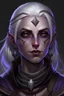 Placeholder: Dungeons and Dragons portrait of the face of a drow rogue wearing peasants clothes in the style of Emanuele Taglietti. She has purple eyes, pale armor, white hair, and is surrounded by moonlight. Has a playful demeanor, looks to be in her early twenties. She is not wearing any facial jewelry. No jewelry or gems on her face. no markings on her face.