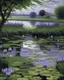 Placeholder: A grayish purple lilypond in a landscape painted by Claude Monet