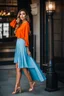 Placeholder: fullbody shot of young-beautiful-ozbek-with-a-perfect-face-with-make-up-wearing-orange top and midi pleated light blue skirt standing , prophesional photography studio