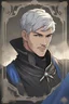 Placeholder: {{Man}}, Male, Olive Skin Tone, Short Hair, Silver Hair, Adult, Alan Ritchson, Short Beard, {{Blue Eyes}}, Black Cloth Medieval Attire, Digital Art