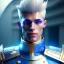 Placeholder: Handsome galactic knight, glitter blue and white prince suit with jewels, blond hair, blue eyes, cinematic lights, unreal engine 5, 4k, high details