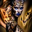 Placeholder: candy leopard, portrayed with the intricate facial features and extremely detailed pupils characteristic of Stefan Gesell's style, blended with the elongated forms and dramatic chiaroscuro reminiscent of El Greco, conveyed through a light painting technique with push processing, incorporating holographic elements for a dreamy, vibrant effect, soft skin texture, clarity achieved, supporting a perfect composition, cinematic atmosphere, delicate detail