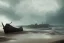 Placeholder: Broken viking longboat shipwrecked at a pebbled beachside, fantasy, mystical, lightshafts, storm in the distance, silhouettes coming from the boat