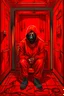 Placeholder: A scary gothic person sits quietly in the middle of a soundproof, padded room conveying intense dramatic emotions in a muted environment, wearing a bright red straitjacket , a mask to cover the mouth area of cannibal evil scary, dark and gothic look, cold eyes, eary ultra detailed,.32k, digital art style with messy paint, hardened sealer appearance, impasto, dramatic Arial view with explosive chaotic background