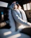 Placeholder: Ultra realistic back seat of limousine image, wide angle view, Alice and white rabbit, many color balls, circus clothing, long hair, smoke, feather long coat, soft color, highly detailed, unreal engine 5, ray tracing, RTX, lumen lighting, ultra detail, volumetric lighting, 3d, finely drawn, high definition, high resolution.