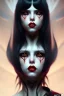 Placeholder: Vampire girl, cute, beautiful, white eyes, red lips, black hair with bangs, goth, close up portrait by Greg Rutkowski