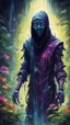 Placeholder: portrait of masked ninja dementor psychedelic interdimensional robot in the garden, waterfall and elves ,lotsa wild weed, in spotlight, magazine cover illustration with spray paint, signed, bokeh like, down-light, unreal engine, prize winning