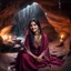 Placeholder: Hyper Realistic Photographic Outside View Of A Gorgeous Pashto Girl (Wearing Simple Burgundy Colored Dress With White Embroidery & Wearing Pink Dupatta On Her Neck) Happily Sitting & Smiling Boldy In A Cave & Showing Her Long Black Hair With Big Golden Crystals, With Heavy Rain Outside Cave At Dark Night Showing Dramatic & Cinematic Ambiance.