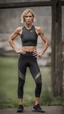 Placeholder: photography of a beautiful anorexic woman, grey satin triathlon top, sports illustrated, blond short wavy bob haircut, pronounced sternum, flat chest, anthracite cycling leggins