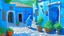 Placeholder: Cobbled alley covered in blue in Chefchaouen, Morocco. Walls and ground in every shade of blue. A tiny staircase goes up to an arched door. Green plants in pots. A man in a white djellaba sits reading. A donkey loaded with carpets waits. Flat acrylic, Moroccan naive style (Chaïbia Talal)