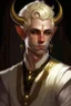 Placeholder: A young tiefling man with White-Blonde, short hair, black eyes, dressed in white and gold with lots of jewelry, beautiful