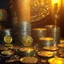 Placeholder: dynamic lighting, Intricately detailed, Splash screen art, deep color, Unreal Engine, volumetric lighting, silver coins, gold coins, silver treasure, stacked coins, indoors, candle, altar, black table, sigil, shiny, metallic, bullion,