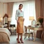 Placeholder: very beautiful lady with beautiful midi skirt and blouse standing in a luxury bedroom with high heels next to makeup desk looking to camera