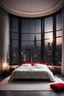 Placeholder: fancy, modern, luxury, bid bedroom, minimalism, royal, gols, black, white, red, big window overlooking fancy big city at the night