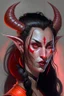 Placeholder: Portrait of a female Tiefling bard with bright red skin, two horns emerging from her forehead and long black hair with sidebangs and a ponytail.