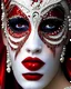 Placeholder: Beautiful young woman adorned with rennaisance Venetian masquerade etherial half face venetian rennaisance masque ribbed with white opal irridescent black obsidian and red zafír, golden glitter as white and red Dusty makeup on wearing rennaisance venetian style costume ribbed with red. White and black mineral stones like red zafire, irridescent wite opal and black onix wearing black and red venetian rennaisance style floral headdress organic bio spinal ribbed detail of Veneziia gondola bokeh lig