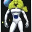 Placeholder: [Samus Aran] wearing a power suit, in space, by Richard Corben