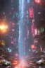 Placeholder: a bustling futuristic cyberpunk city street, reflections, luminous,