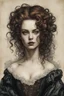 Placeholder: full body colored etching of a malevolent, predatory vampire girl with highly detailed hair and facial features ,in the style of Rembrandt, Gian Lorenzo Bernini, and Johannes Vermeer, with a fine art aesthetic, highly detailed , realistic , 4k UHD