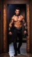 Placeholder: Jason David Frank as a Very muscular alpha male with short hair and tribal tattoos. wearing a black designer suit , standing in a doorway