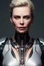 Placeholder: portrait full body, robot scifi with face charlize theron, intricate, many lights in body, eyes lights, highly detailed, highli quality, 8k, volumetric lighting